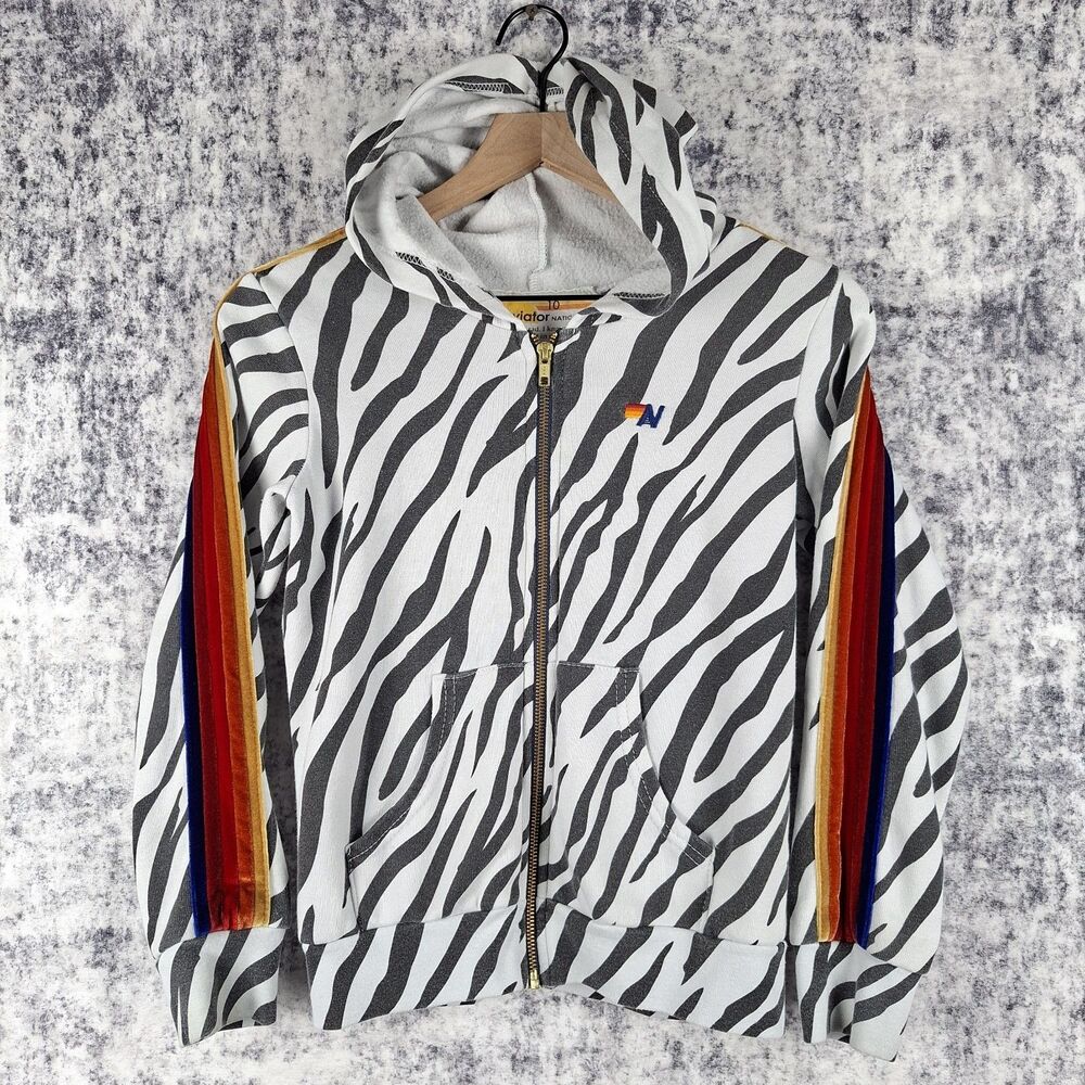 Aviator Nation Kids 10 Zebra Print Velour Rainbow Stripe Zip Hoodie White Black